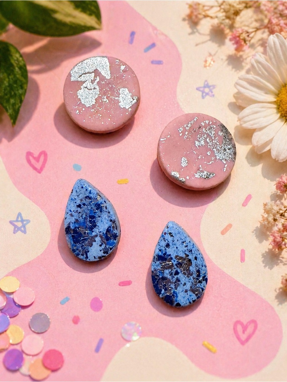 Handmade Pink and Blue Handmade Polymer Clay Earrings - Silver Leaf Accents